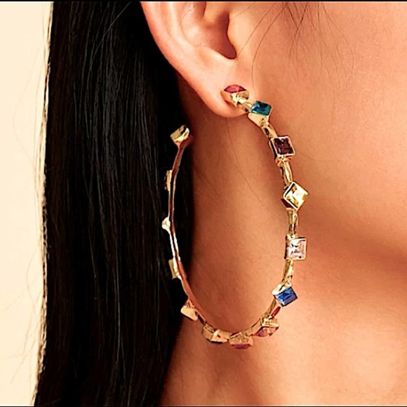 Gold 18K GP Multicolored Gemstone Cuff Hoop Earrings - Picture 2 of 12